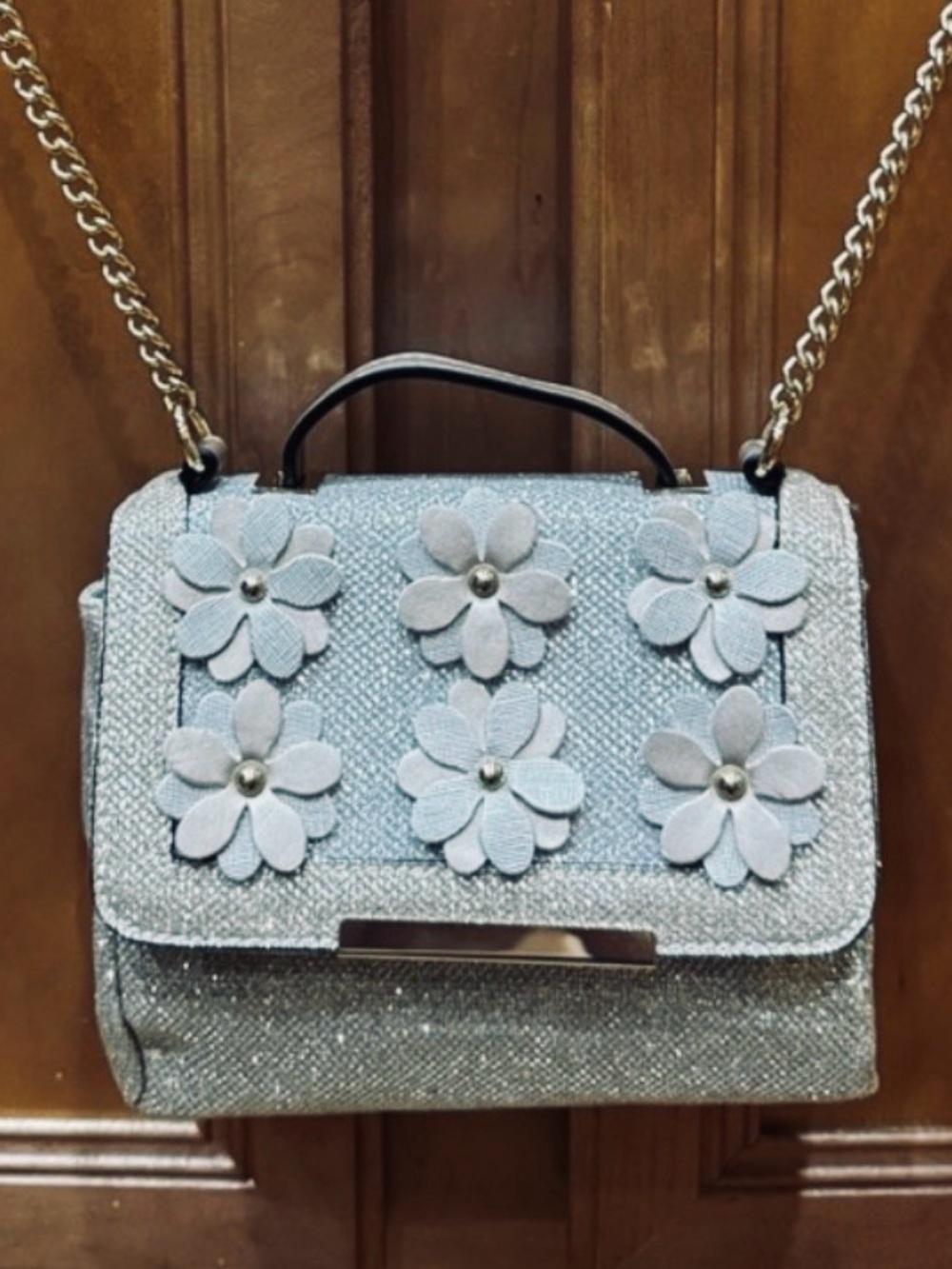 NWOT Call It Spring Silver Floral Applique Crossbody Bag, Sparkly, Shiny, Glam